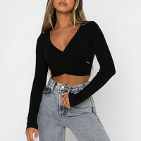 Women's Clothing Cross V-neck Stitching Slim-fit Long-sleeved